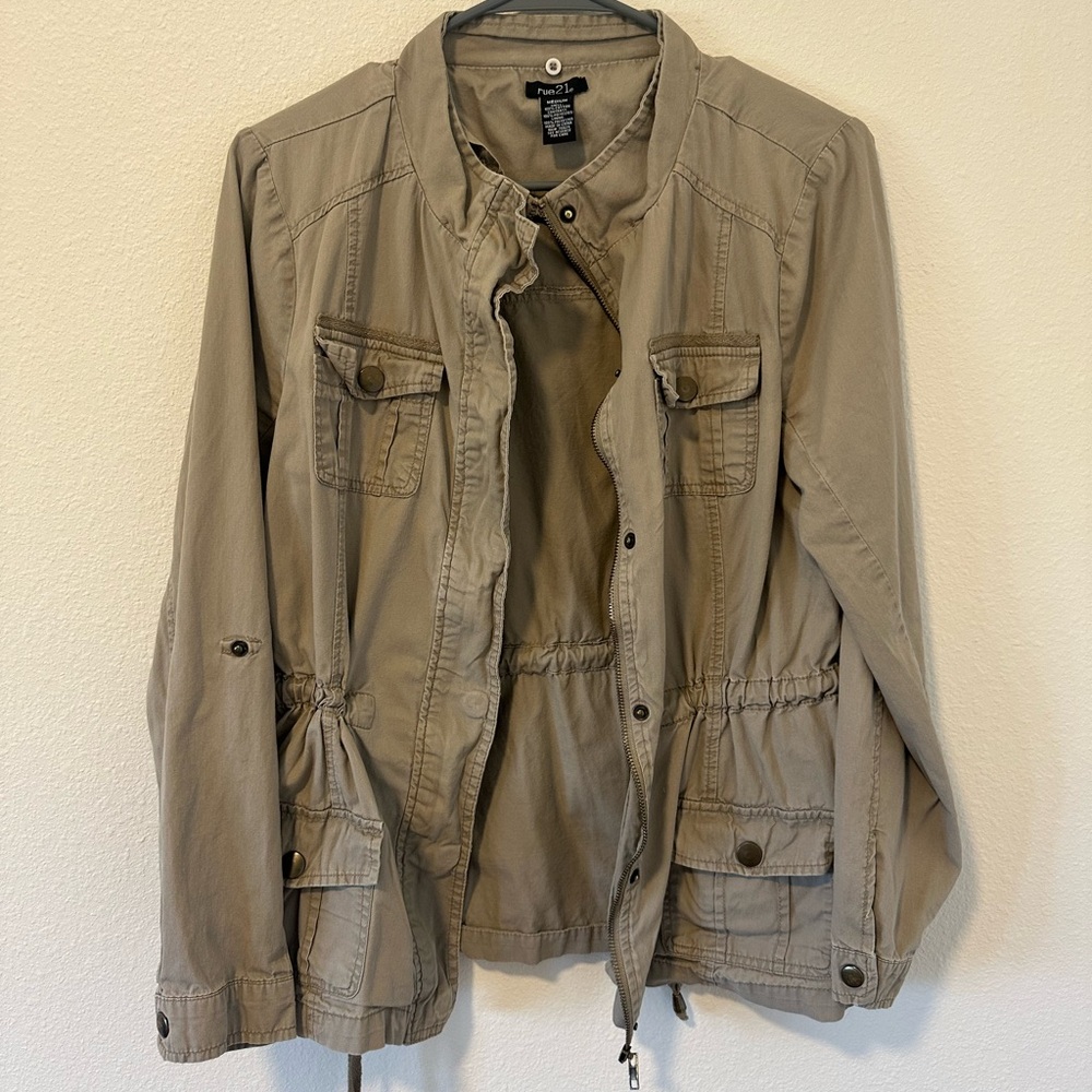 Rue 21 Vintage 100% Cotton Y2K Military Khaki Olive Utility Zip Up Snap Jacket